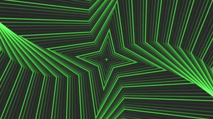 深灰色黑色背景循环上的绿色自旋四角星简单平坦几何。星光灿烂的旋转电波无尽的创意动画。旋转星星无缝运动