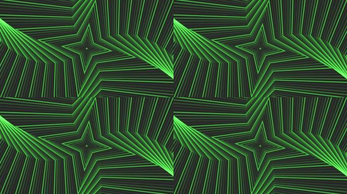 深灰色黑色背景循环上的绿色自旋四角星简单平坦几何。星光灿烂的旋转电波无尽的创意动画。旋转星星无缝运动