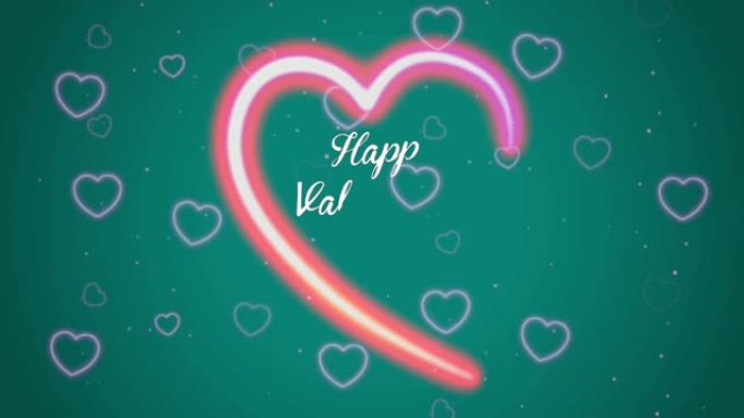 动画白色文本情人节快乐，红色心形，绿色背景。