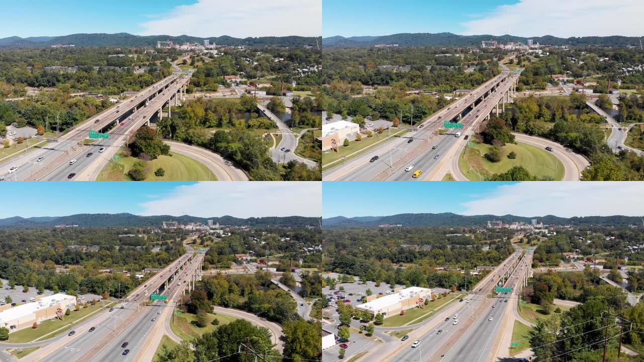北卡罗来纳州阿什维尔法国宽河上海伍德街大桥的4k无人机视频