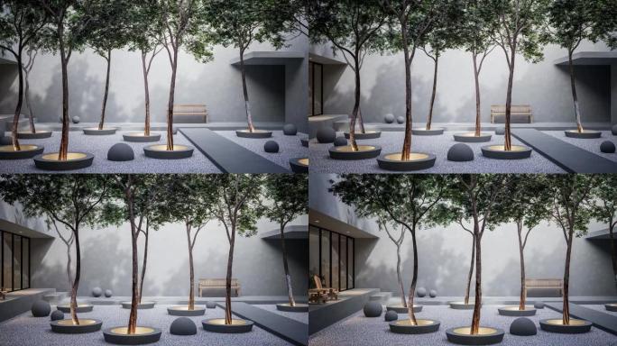 最小阁楼风格白色石头花园，混凝土墙3d渲染