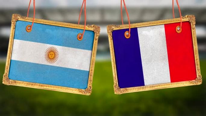 悬挂法国对阿根廷国旗的照片木框-决赛足球比赛