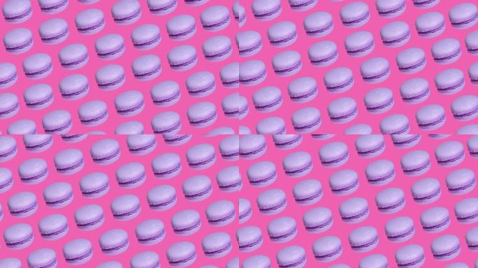 时尚食品甜动画背景紫色马卡龙饼干在粉红色背景