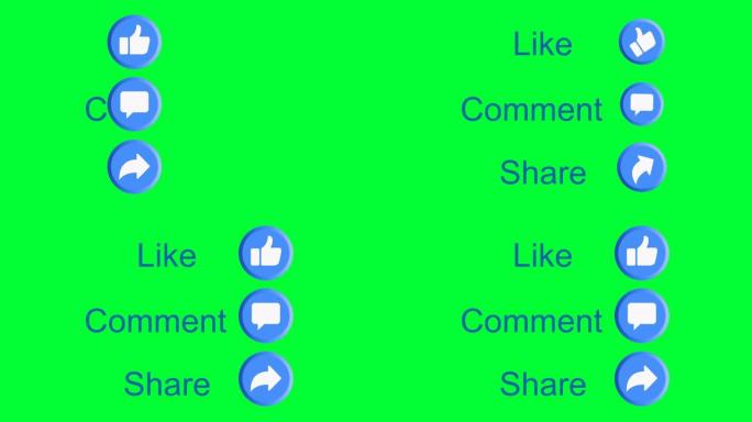 喜欢评论分享绿色动画上的排版动画。适用于视频社交媒体。用语音气泡竖起表情符号按钮。