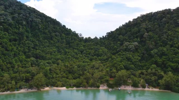 飞越马来西亚槟岛槟城国家公园北海岸的热带猴滩丛林。-无人机向前射击