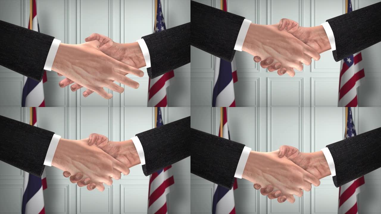 泰国和美国商业伙伴关系协议。国家政府旗帜。官方外交握手说明动画。协议商人握手