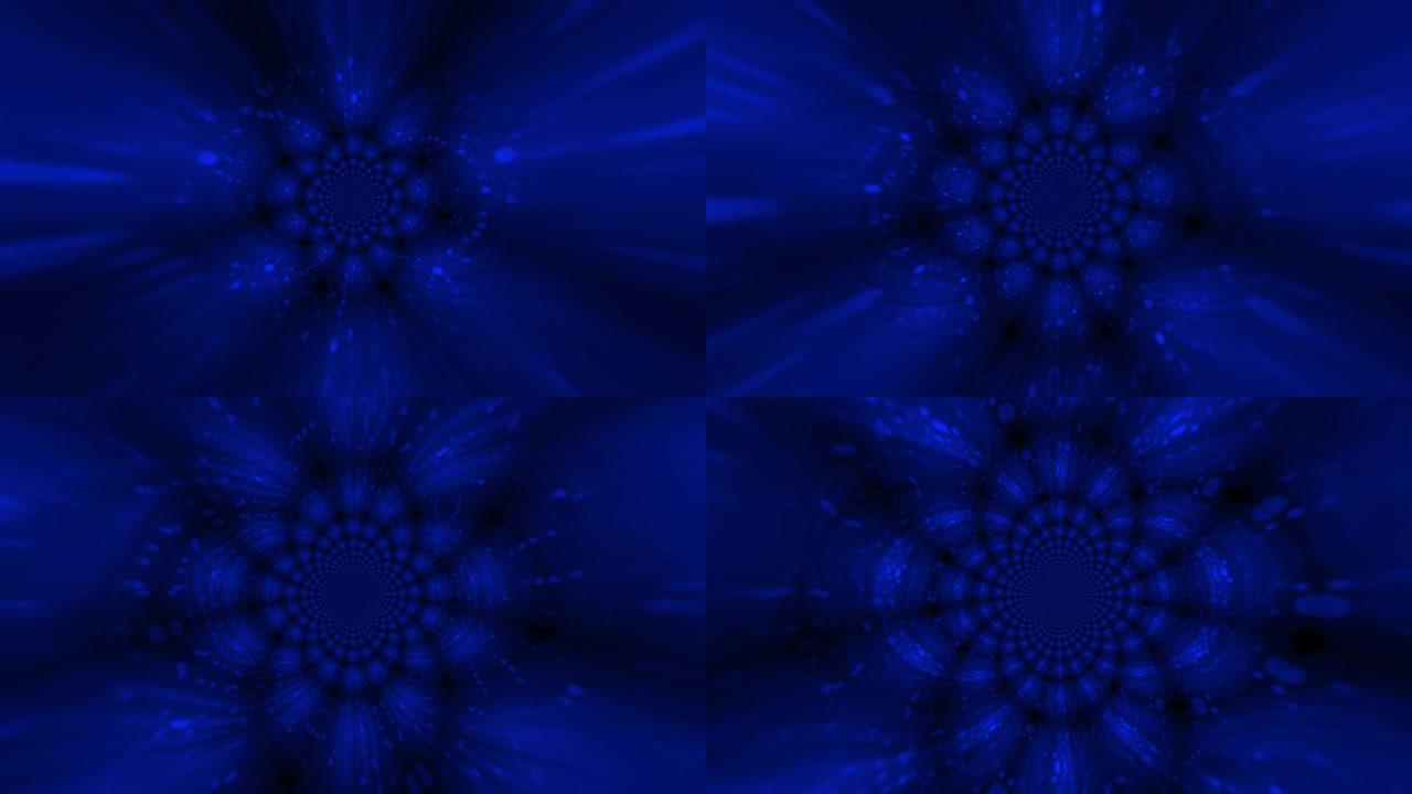 4k蓝色抽象盛开的花朵状波浪图案。飞行散焦粒子。光学光束动画。具有万花筒形链的圆形曼陀罗。bokeh