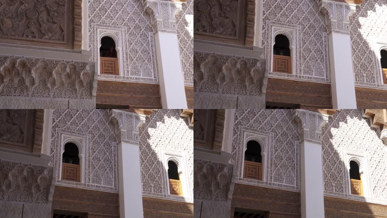 摩洛哥马拉喀什Madrasa Ben Youssef墙壁的特写镜头
