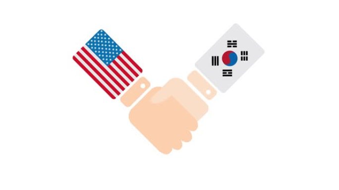 美国(美国)和韩国握手，政治人物会面或合作的概念相关的2D卡通动画，孤立在白色背景上