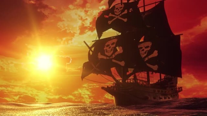 3D海盗帆船在日落-环线景观背景