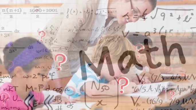 女教师教学生的数学文本横幅和数学方程式