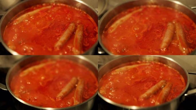 为意大利面准备番茄酱和肉