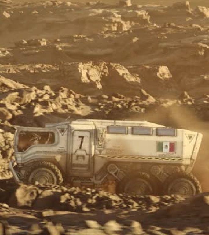 火星行星的太空殖民。带有墨西哥国旗的火星探测器探索行星表面垂直视频