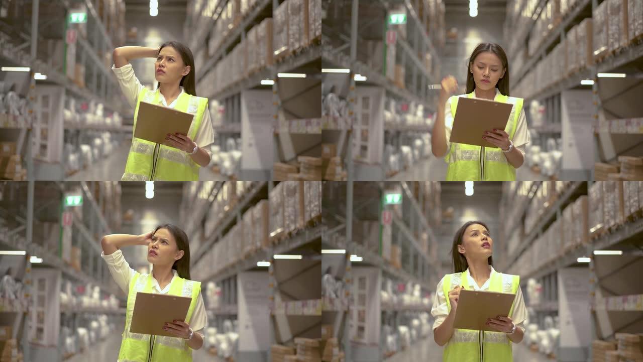 亚洲女仓库工人在货架上的纸板箱中进行产品管理的盘点，但她忘记了细节，感到压力重重，不得不掩盖混乱或错