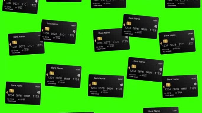 绿色屏幕上的黑色借记卡动画4k。现代银行金融概念