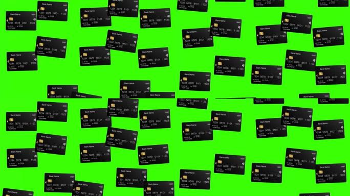 绿色屏幕上的黑色借记卡动画4k。现代银行金融概念