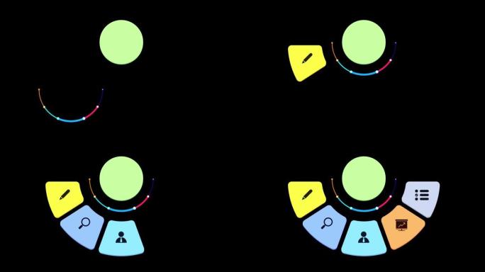 动画彩色5步时间轴信息图隔离在黑色背景上。