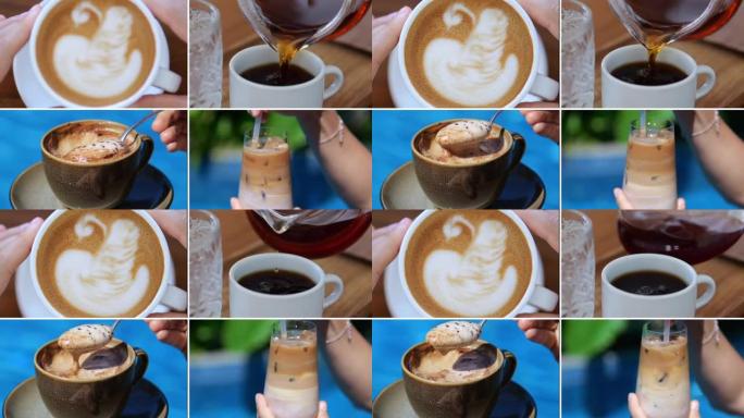 多种受欢迎的含咖啡因饮料。冰咖啡和茶、美式咖啡和卡布奇诺咖啡之间的选择。每天摄入咖啡因会导致神经系统