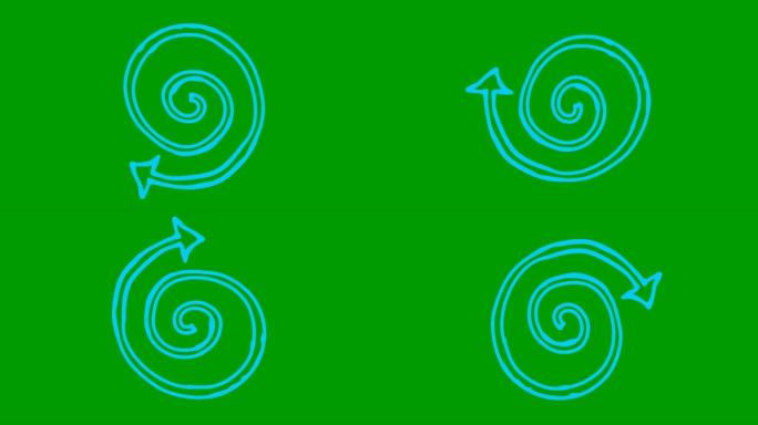 螺旋箭头旋转的动画图标。蓝色符号旋转。循环视频。手绘矢量插图孤立在绿色背景上。