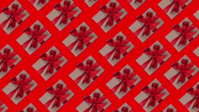 许多礼品盒的动画背景在红色背景上带有红色蝴蝶结，情人节或其他假期或销售或贸易的概念