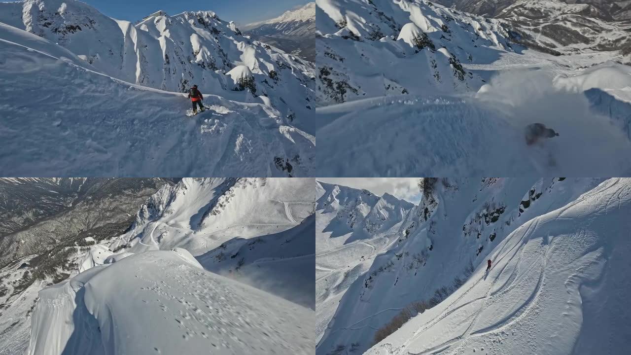 专业滑雪板骑手freeride山脊雪溅坡极限