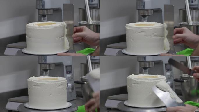 厨师糕点设计师糖果磨砂多层蛋糕，里面塞满草莓和鲜奶油4k视频