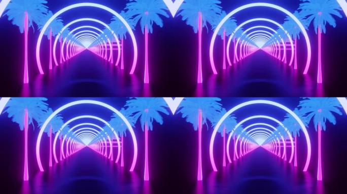 霓虹灯中棕榈树之间的日落无缝循环动画紫色日落80年代风格。霓虹灯掌之间的车道3d渲染透视。霓虹未来主