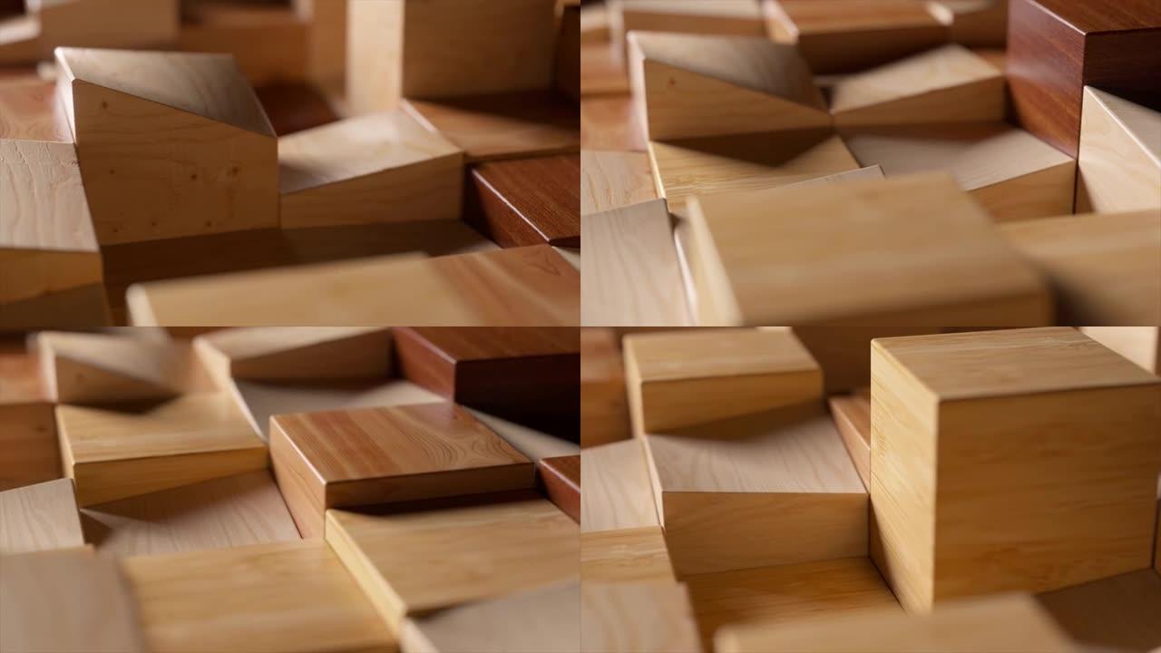抽象概念。木制矩形形状上下移动。木块。马赛克。3d动画