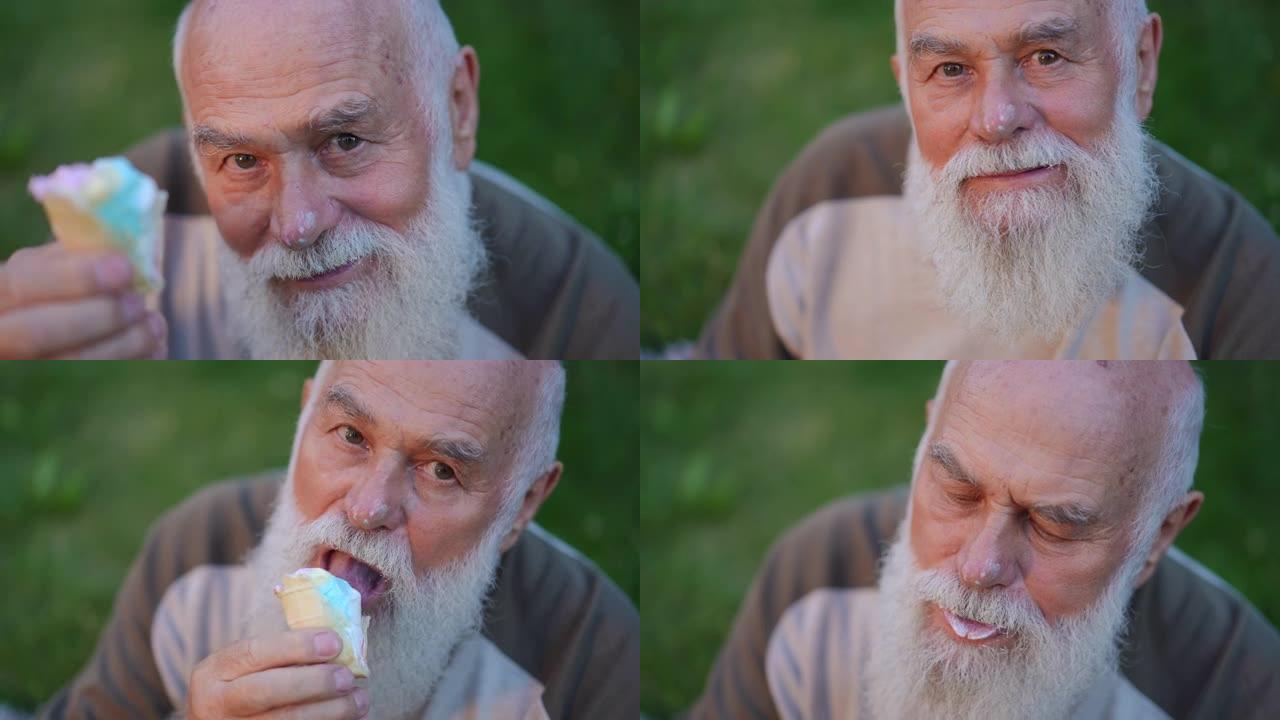 高角度观看快乐老人的特写镜头，鼻子上有糖衣，显示冰淇淋在慢动作中吃美味的甜点。快乐无忧无虑的高加索退