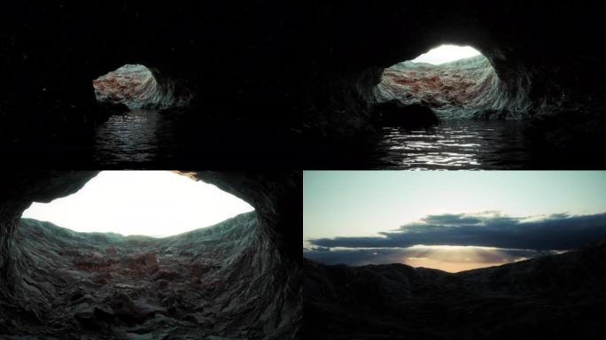 缓慢穿越岩石洞穴，离开另一侧进入美丽的海洋场景