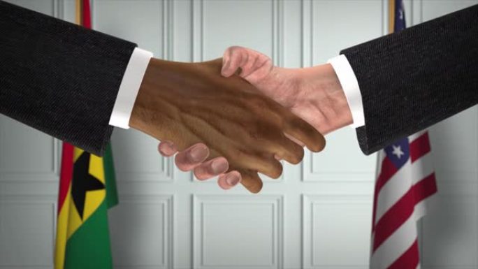 加纳与美国合作商业协议。国家政府旗帜。官方外交握手说明动画。协议商人握手
