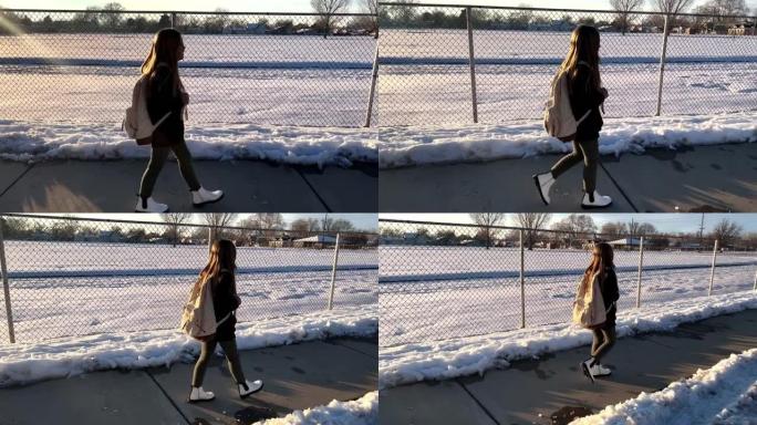 年轻漂亮的女孩在冬天走在链节围栏旁边的人行道上