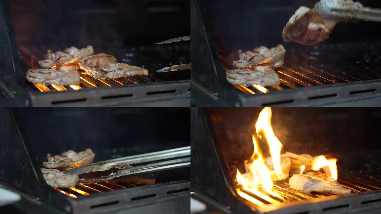 在烤架上油炸的肉的慢动作。烹饪过程中火闪。