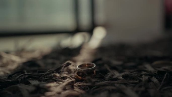订婚戒指在阳光下落在毯子上的特写镜头