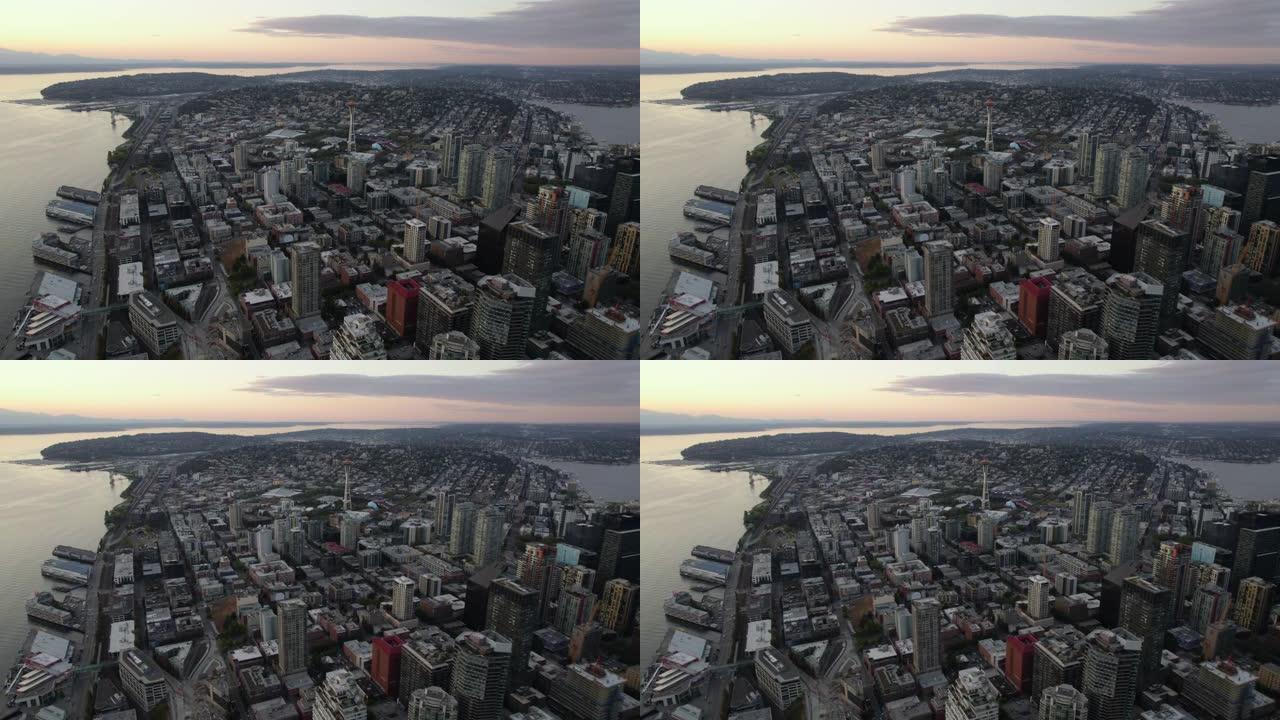 鸟瞰图俯瞰西雅图的城市景观，在黄昏跟踪期间，无人机拍摄