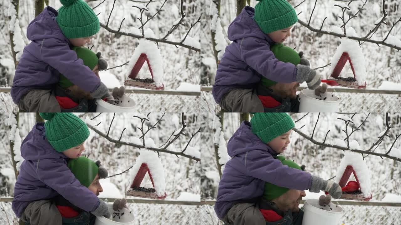 善举。可爱的小男孩坐在爸爸的肩膀上喂鸟，冬天把葵花籽倒入树上的喂食器中。