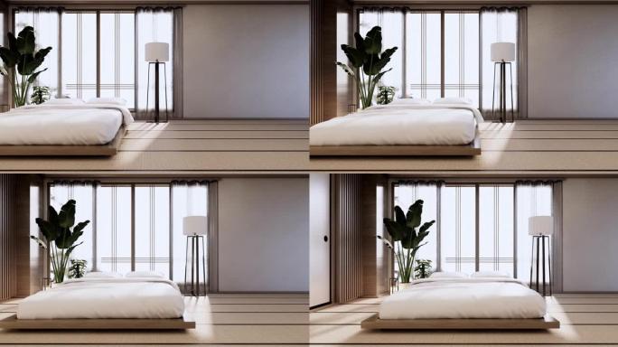 迷你床房，日本简约风格。3d渲染