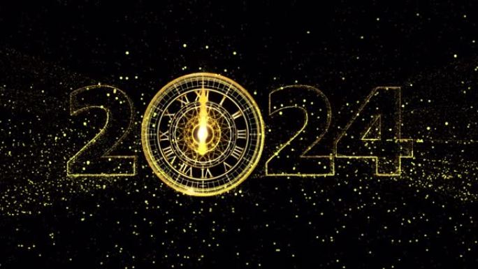 2024优雅的动画时钟倒计时新年快乐孤立词使用QuickTime阿尔法通道ProRes 444，阿尔