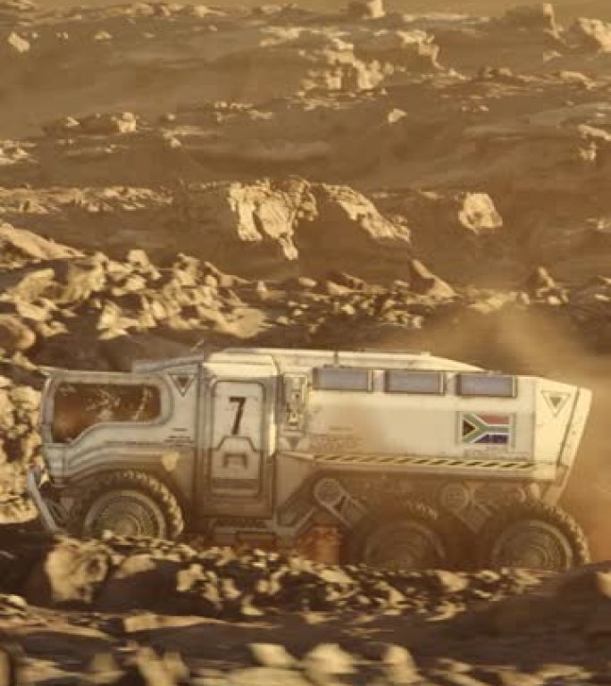 火星行星的太空殖民。带有南非国旗的火星探测器探索行星表面垂直视频