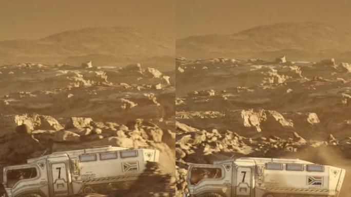 火星行星的太空殖民。带有南非国旗的火星探测器探索行星表面垂直视频