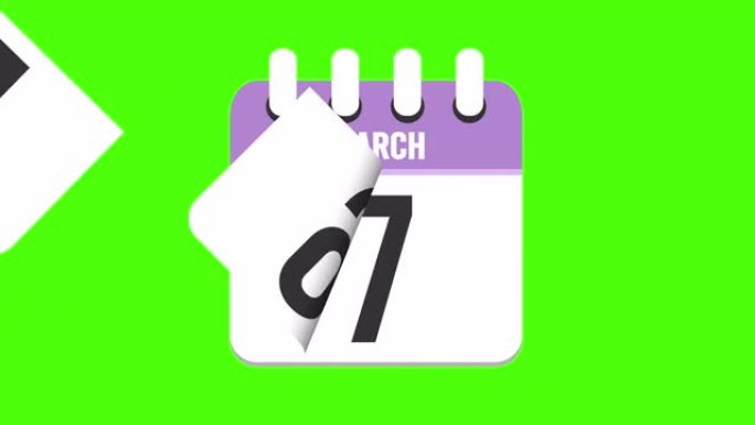 3月8日。日历出现，页面下降到3月8日。绿色背景，色度键 (4k循环)