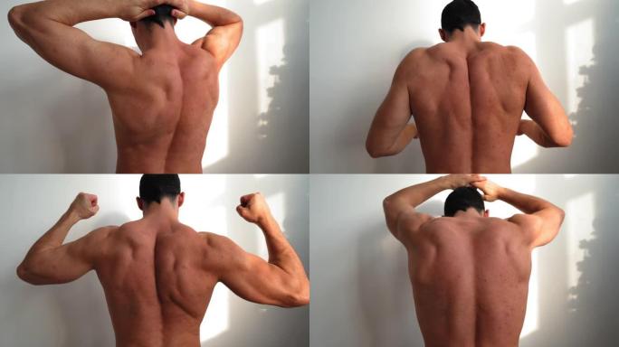裸体肌肉男人揉捏他的背部，感觉他的脊椎和下背部疼痛。