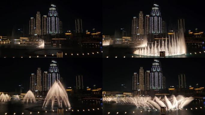 迪拜的哈利法塔喷泉。迪拜喷泉晚上特写。