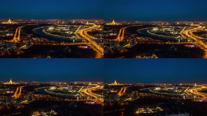 夜间照明莫斯科城市景观交通街十字路口空中全景4k延时俄罗斯