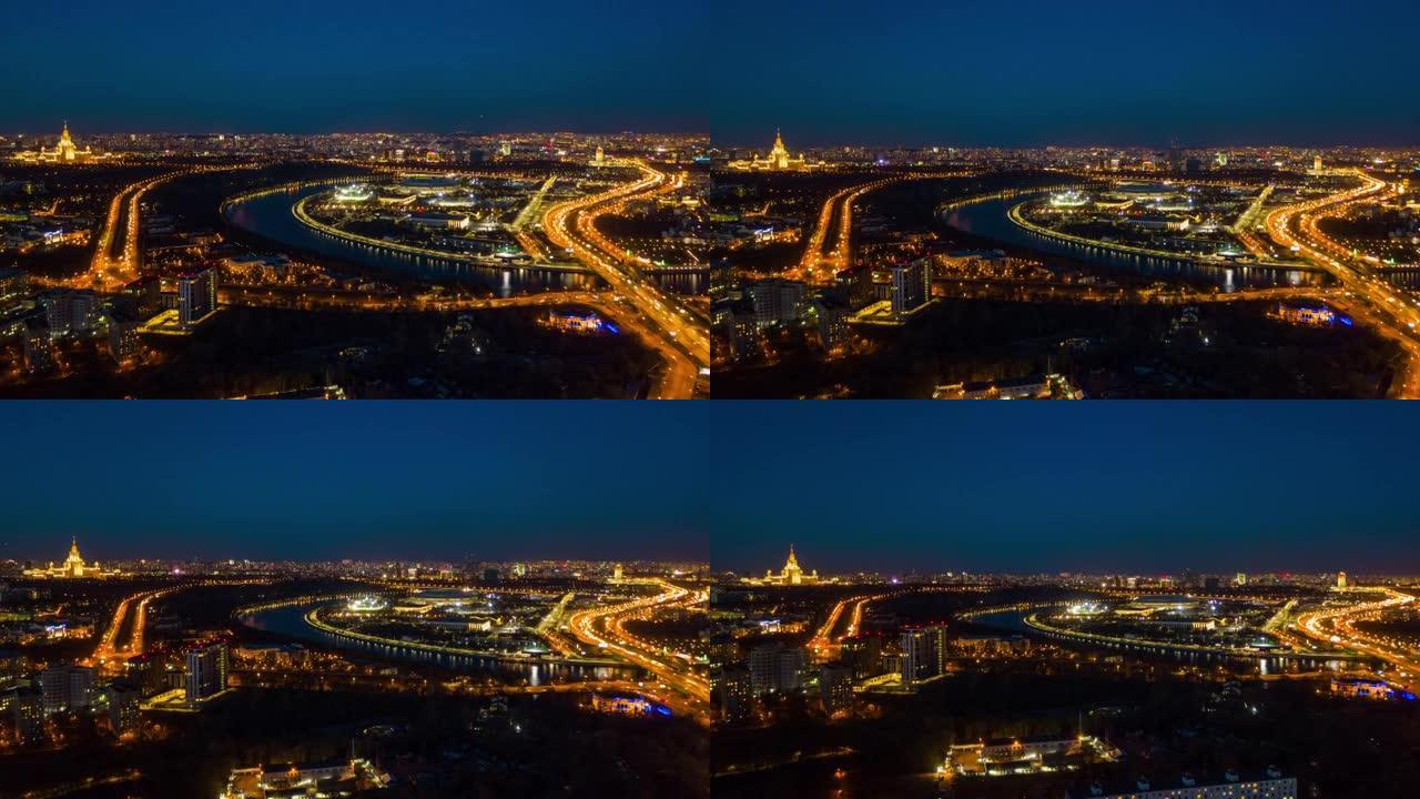 夜间照明莫斯科城市景观交通街十字路口空中全景4k延时俄罗斯
