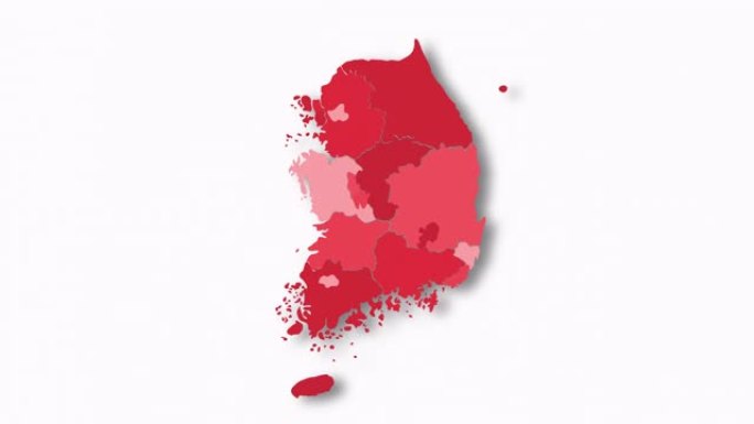 韩国的政治地图出现并消失在阿尔法通道背景上孤立的红色。显示不同分裂国家的韩国地图。州地图。