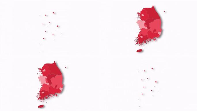 韩国的政治地图出现并消失在阿尔法通道背景上孤立的红色。显示不同分裂国家的韩国地图。州地图。