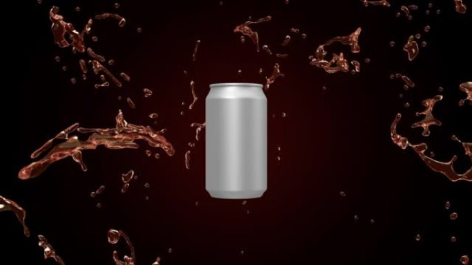 3D动画展示了带有模型罐的可口可乐飞溅，阿尔法伴侣