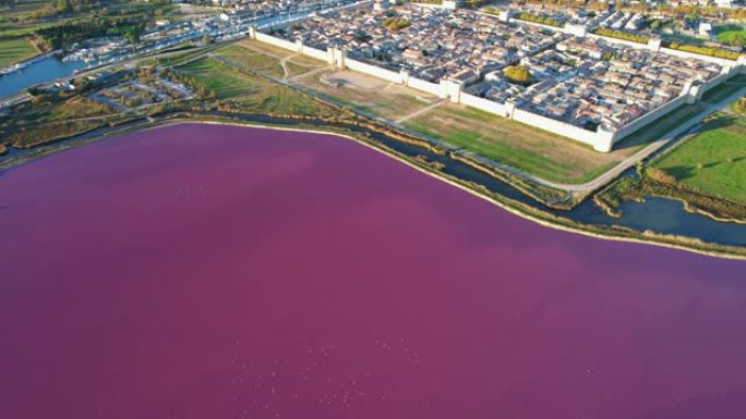 Aigues Mortes前面的粉红湖盐湖上方的空中飞行