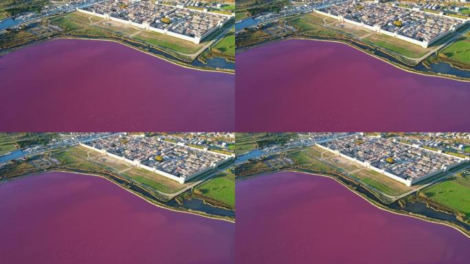 Aigues Mortes前面的粉红湖盐湖上方的空中飞行